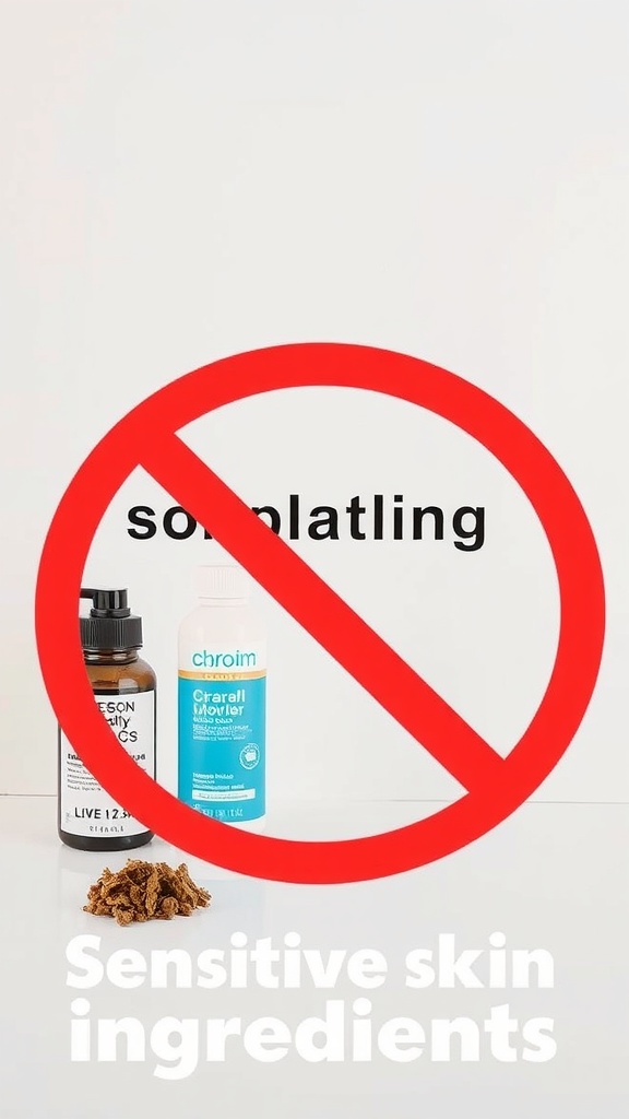 Image showing skincare products with a red 'no' sign, indicating to avoid certain sensitive skin ingredients.