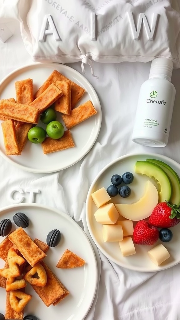 An assortment of snacks on plates, including fruit and a skincare product, displayed on a bed.