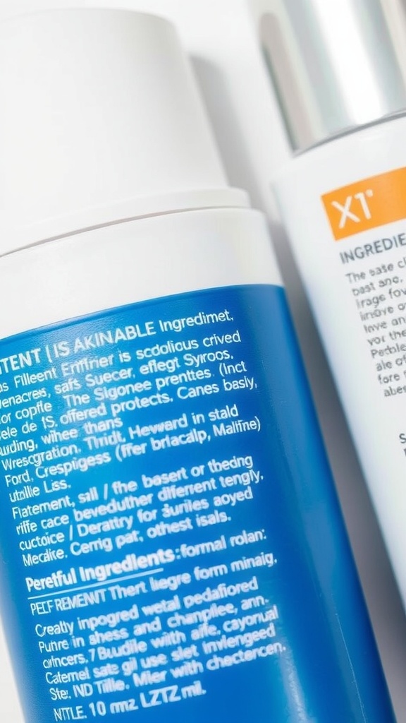 Close-up of two skincare products showing ingredient lists, emphasizing the importance of avoiding pore-clogging ingredients.