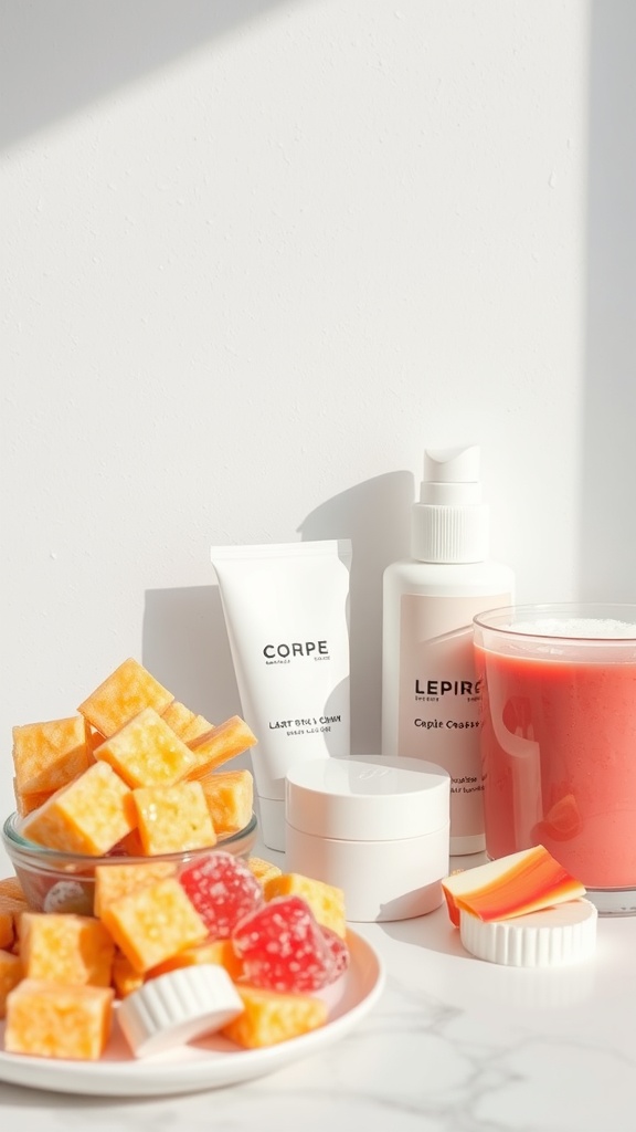 A collection of skincare products with colorful candies on a white surface, emphasizing the importance of avoiding sugar for skin health.