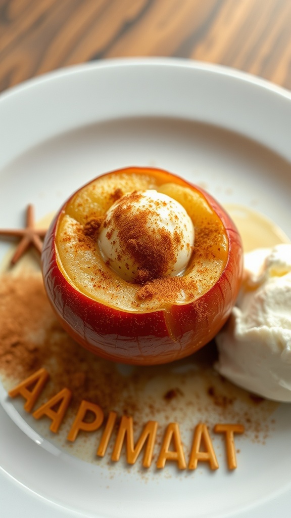 A delicious baked apple sprinkled with cinnamon, served with ice cream.