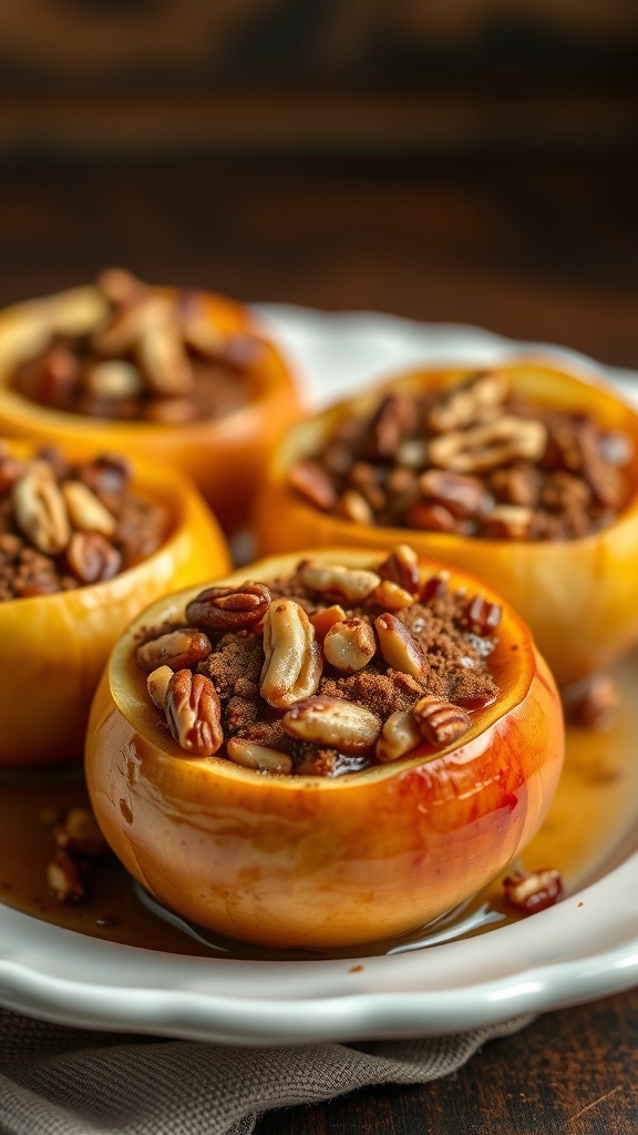 Baked apples with cinnamon and pecans on a plate