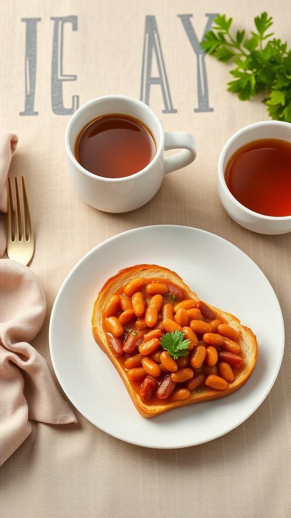 A plate of baked beans on toast garnished with parsley, accompanied by two cups of tea.