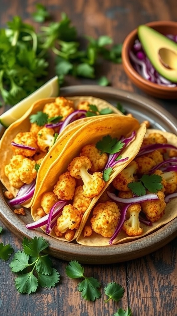 A plate of baked cauliflower tacos with fresh toppings and lime wedges.