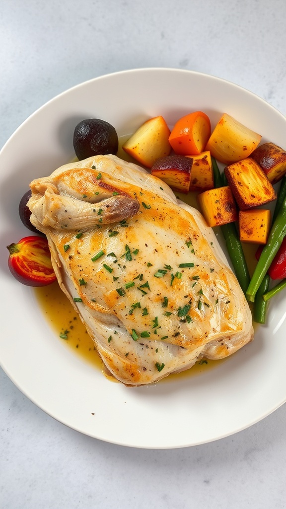A plate of baked chicken breast with colorful roasted vegetables.