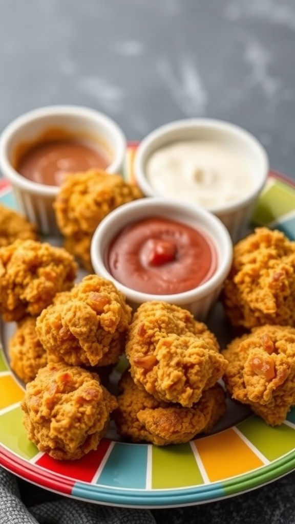 A tray of homemade baked chicken nuggets with a side of dipping sauce.