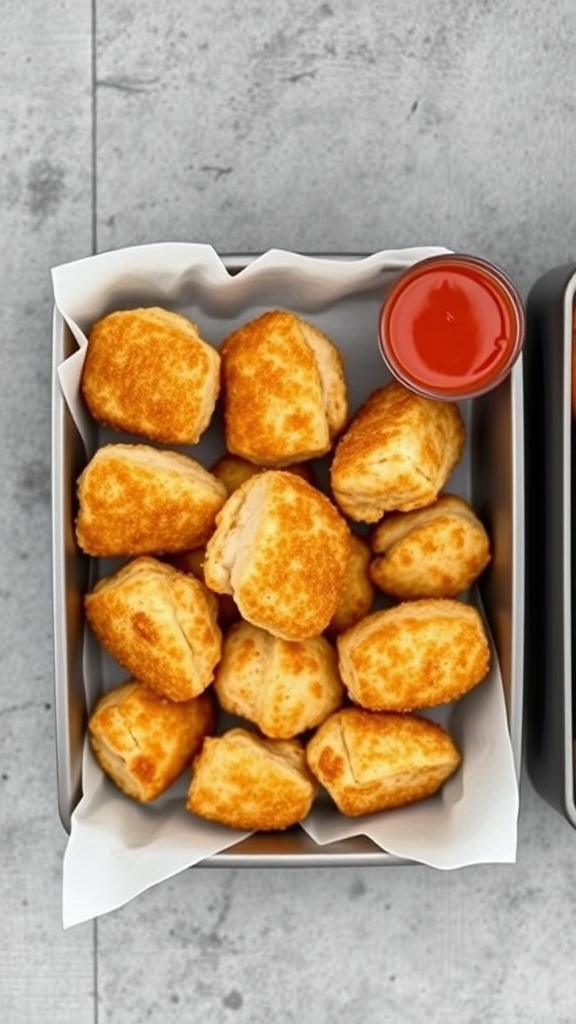 A box of golden-brown baked chicken nuggets with a side of dipping sauce.