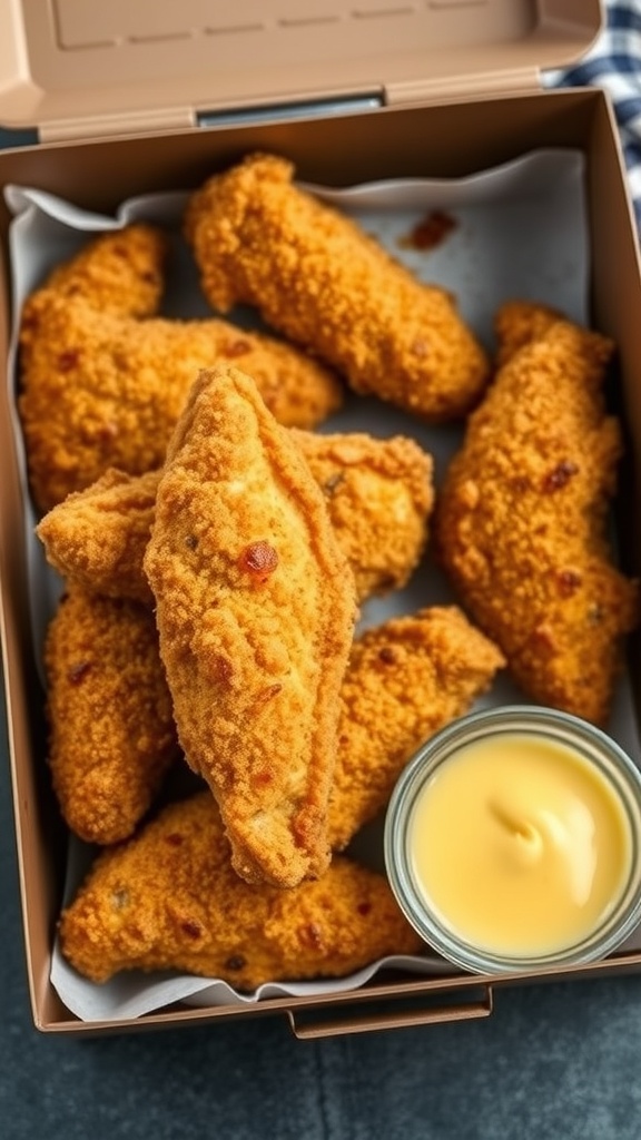 A box of baked chicken tenders with a small container of dipping sauce