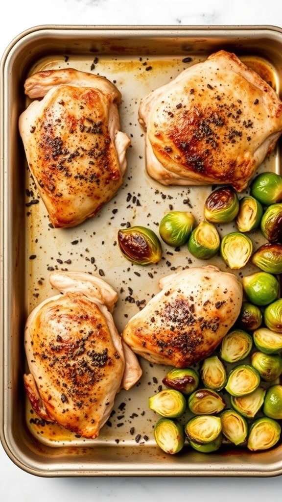 Baked chicken thighs with Brussels sprouts on a baking sheet