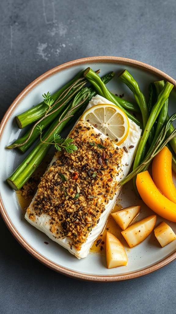 Baked cod with herb crust served with green beans and peach slices
