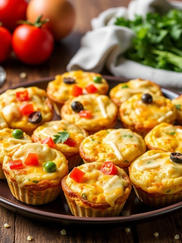 A plate of baked egg muffins with vegetables and cheese, surrounded by fresh tomatoes and eggs.