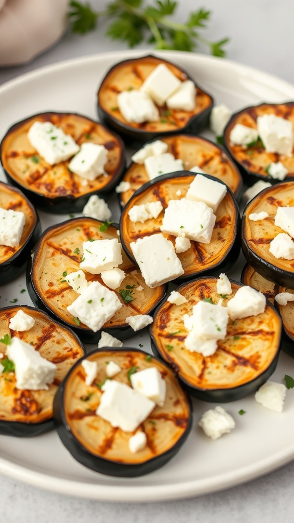 Baked eggplant slices topped with crumbled feta cheese and garnished with parsley