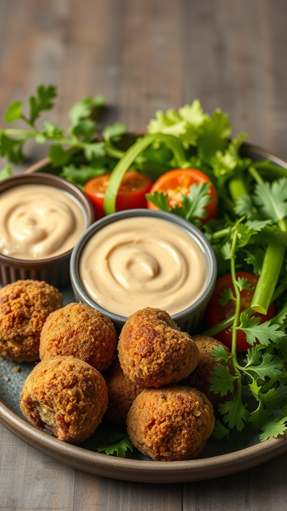A plate of baked falafel with tahini sauce, garnished with greens and tomatoes.