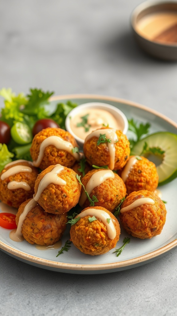 Plate of baked falafel balls drizzled with tahini sauce, garnished with fresh herbs and served with salad.