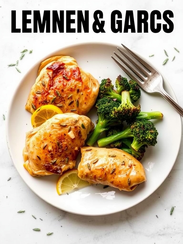 Baked Lemon Garlic Chicken Thighs with Broccoli on a plate