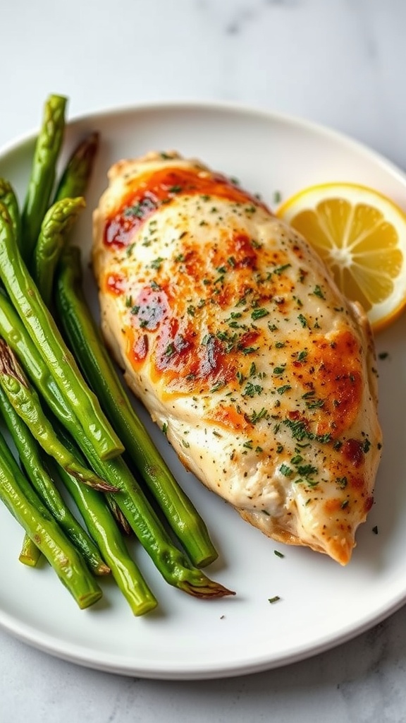 A plate of baked chicken breast with lemon and herbs, served with green beans.
