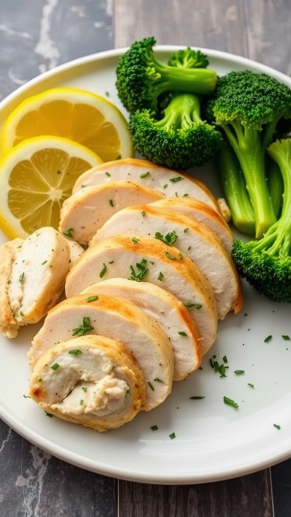 Plate of baked lemon herb chicken with broccoli and lemon slices.