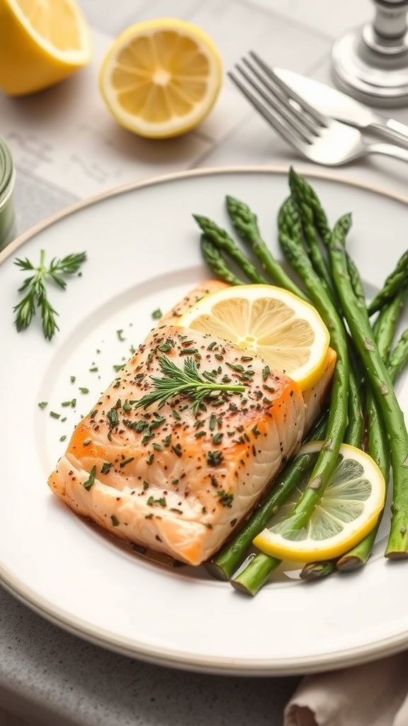 A delicious plate of baked lemon herb salmon with asparagus and lemon slices.