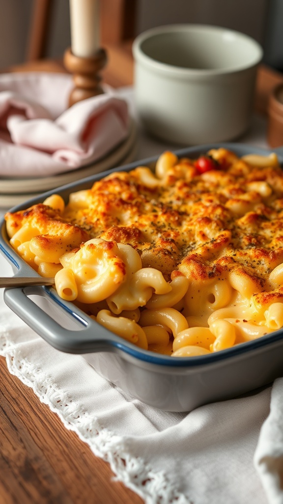 A dish of baked macaroni and cheese with a golden crust, served in a charming dish.