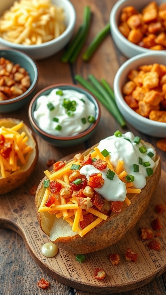 A selection of baked potatoes with various toppings like cheese, sour cream, bacon bits, and green onions.