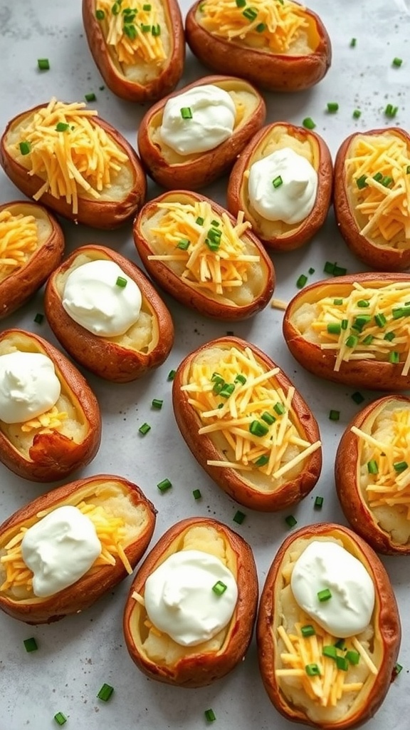 Baked potato bar with various toppings like cheese and sour cream.