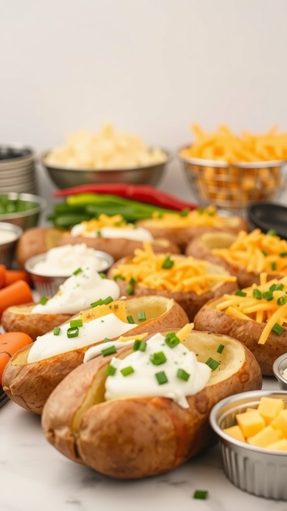A variety of baked potatoes with toppings like sour cream, cheese, and green onions.