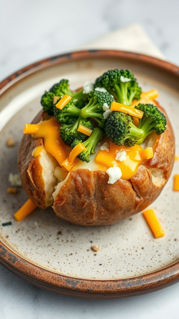 A baked potato topped with broccoli and cheddar cheese on a plate.