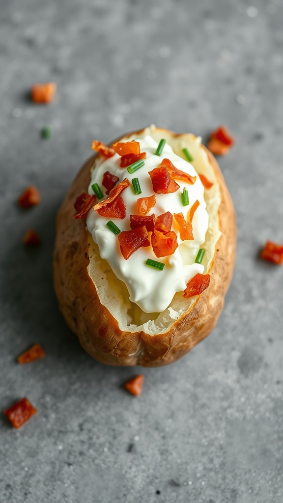 Baked potato topped with sour cream, chives, and bacon bits.