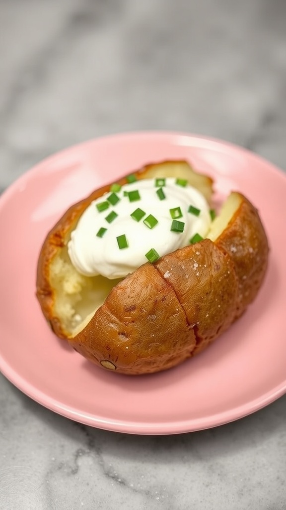 A baked potato topped with sour cream and chives on a pink plate.