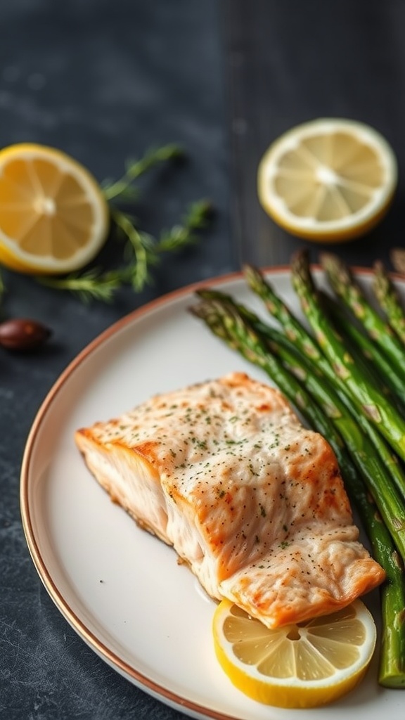 Baked salmon fillet with asparagus and lemon slices