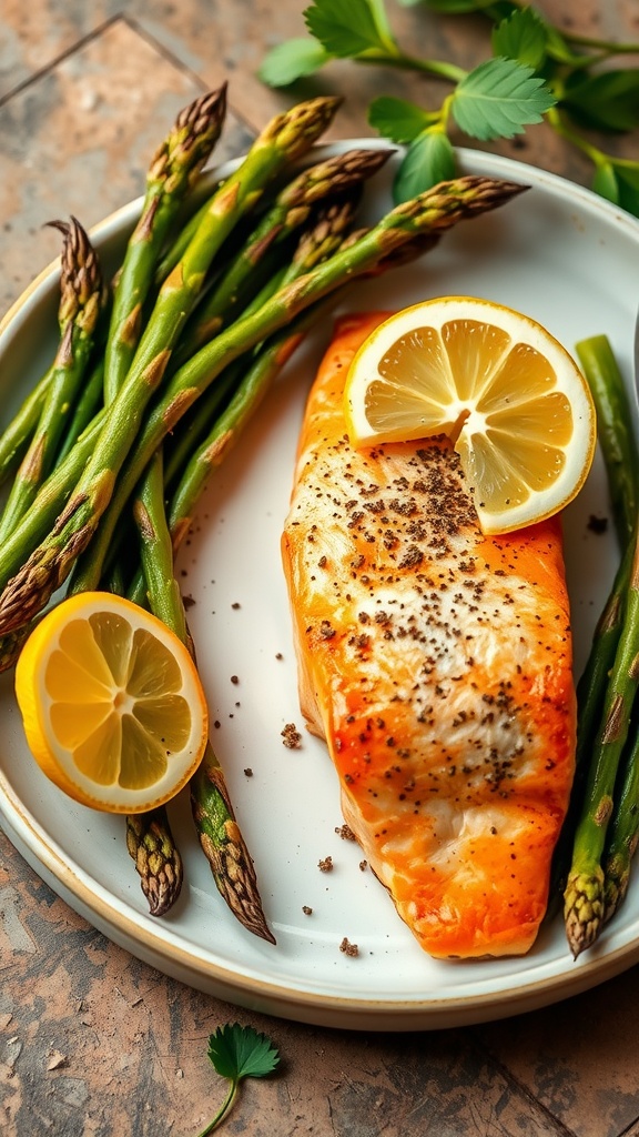 Baked salmon fillet with asparagus and lemon slices on a plate.