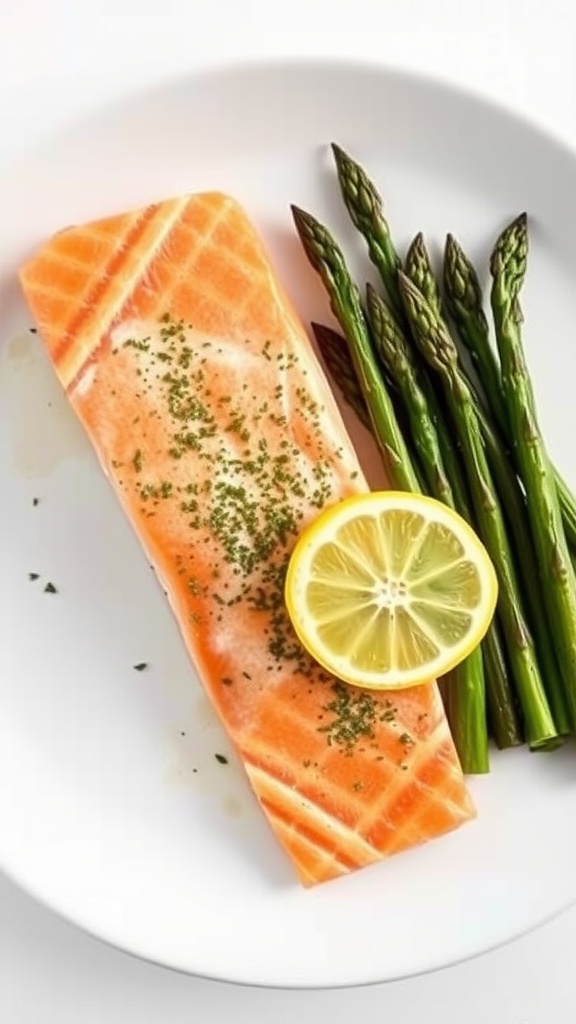 Baked salmon fillet served with asparagus and lemon slices