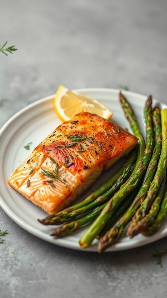 Baked salmon with asparagus on a plate garnished with lemon