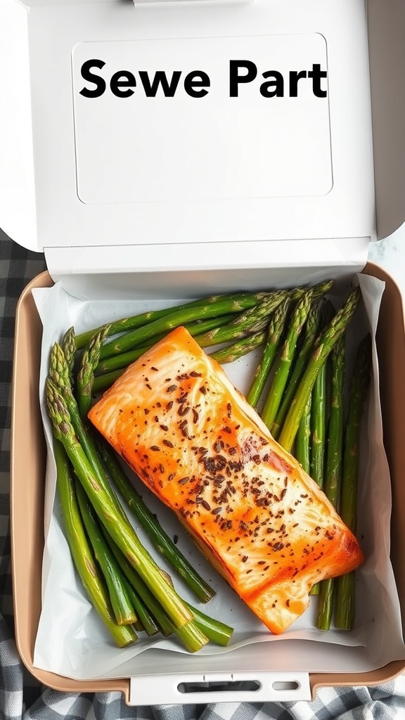 Baked salmon fillet with asparagus in a meal prep container