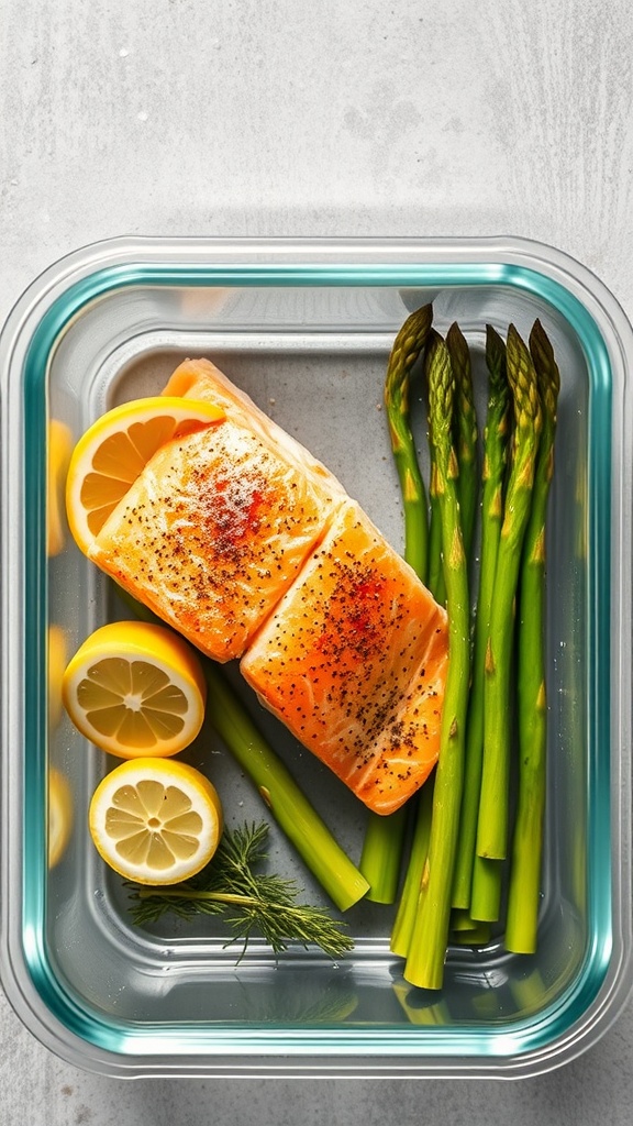 Baked salmon fillets with asparagus and lemon slices in a glass meal prep container.