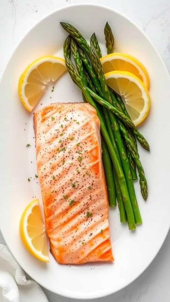 Baked salmon with asparagus and lemon slices on a white plate