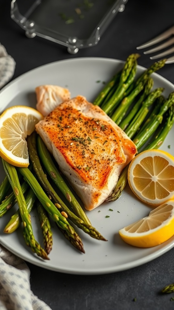 A plate of baked salmon with asparagus and lemon slices.