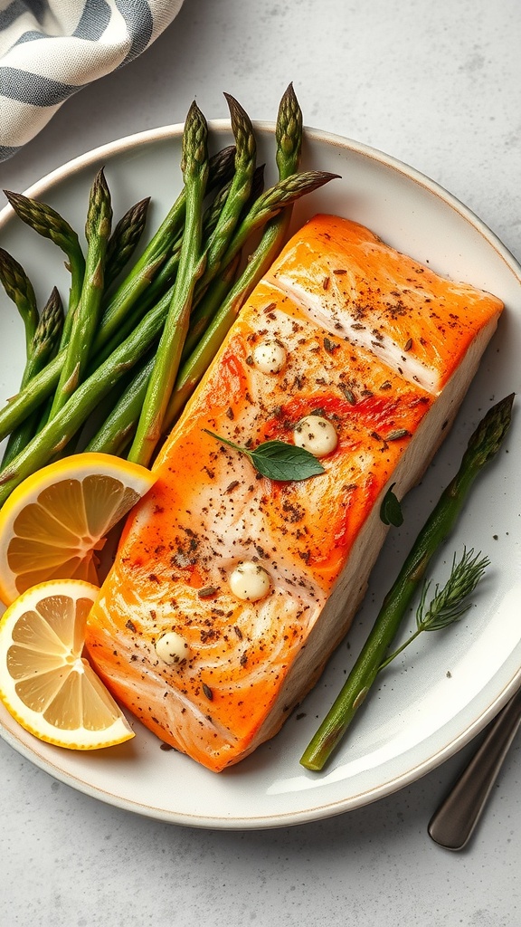 A plate of baked salmon fillet with asparagus and lemon slices.