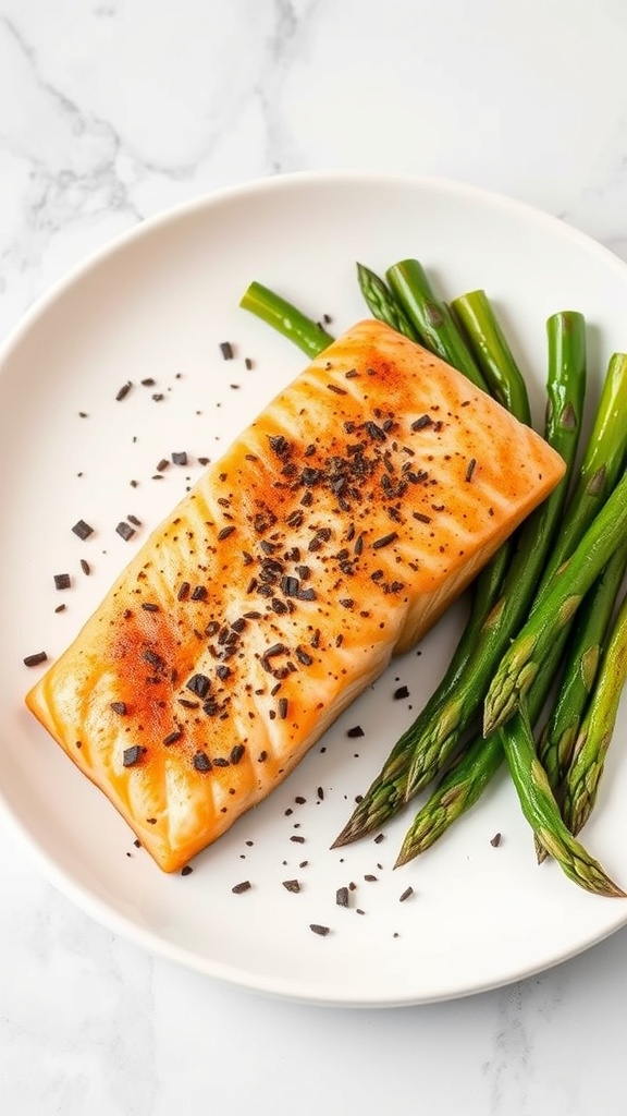 Baked salmon fillet with asparagus on a white plate