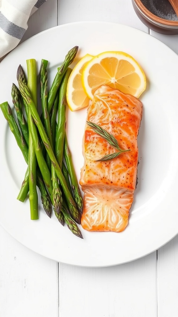 Baked salmon with asparagus and lemon slices on a white plate