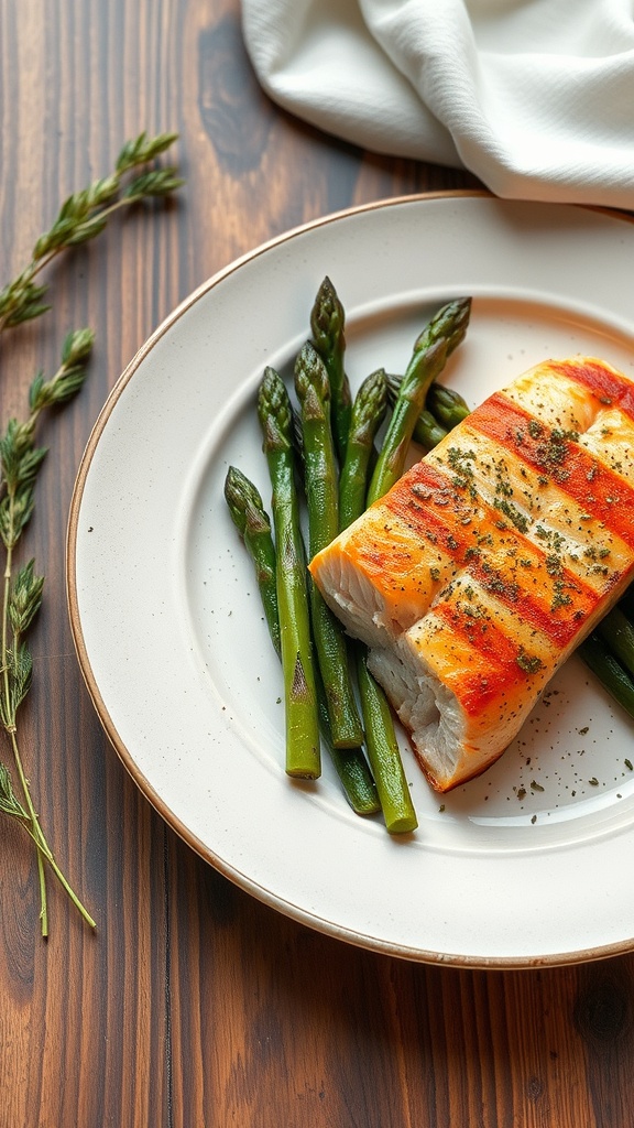 Baked salmon fillet served with asparagus on a white plate