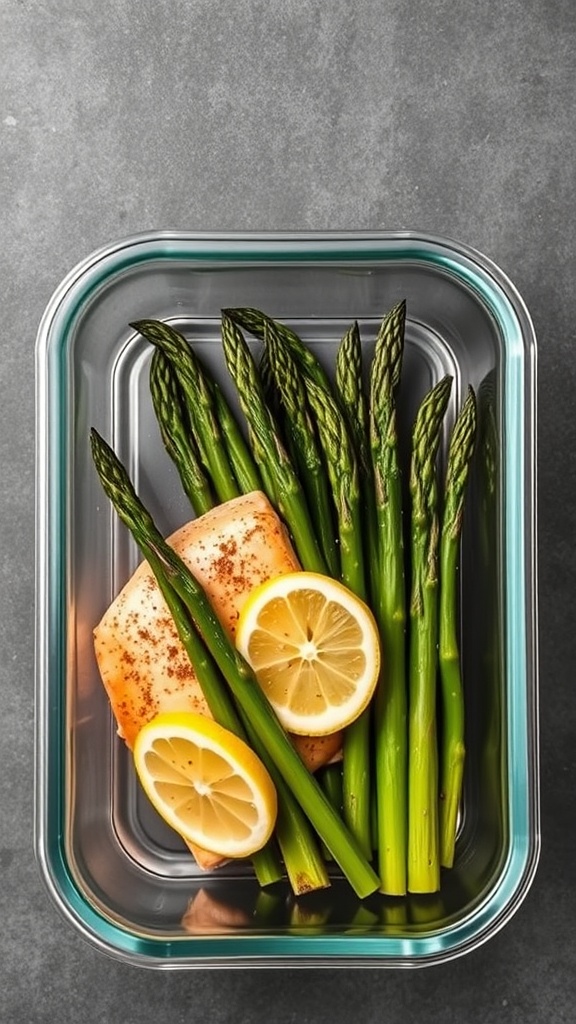 Baked salmon fillet with asparagus and lemon slices in a meal prep container
