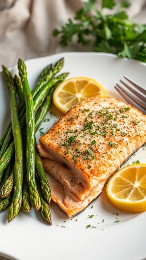 Baked salmon fillet with asparagus and lemon slices on a plate