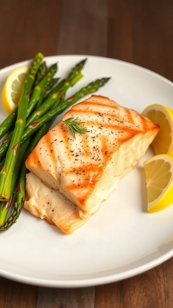 Baked salmon fillet with asparagus and lemon slices on a white plate.