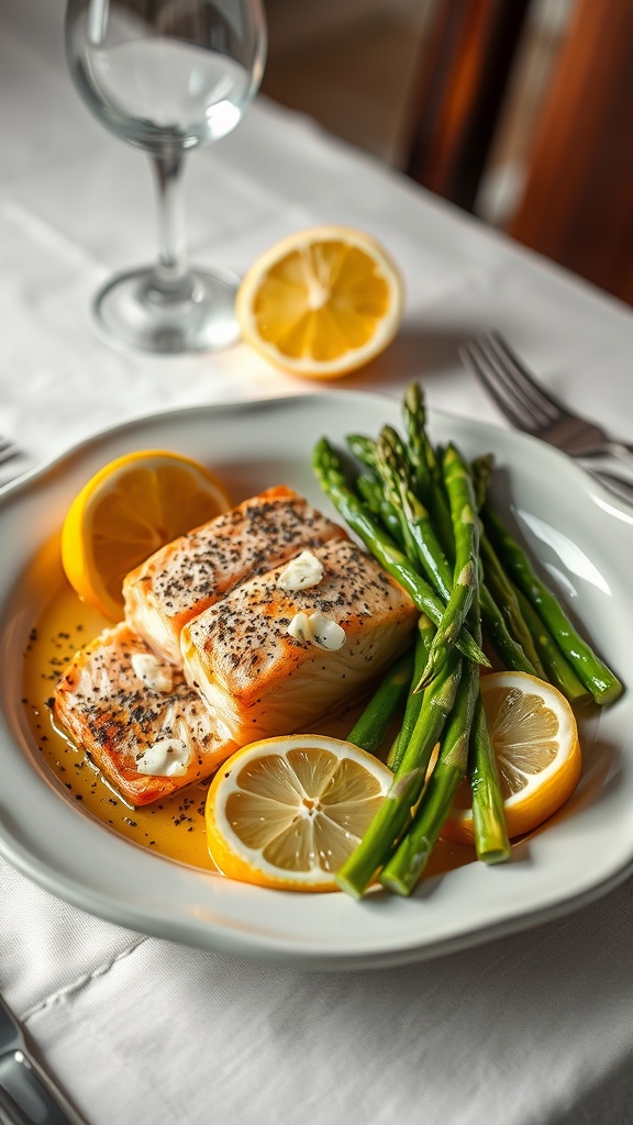 A plate of baked salmon with asparagus and lemon slices