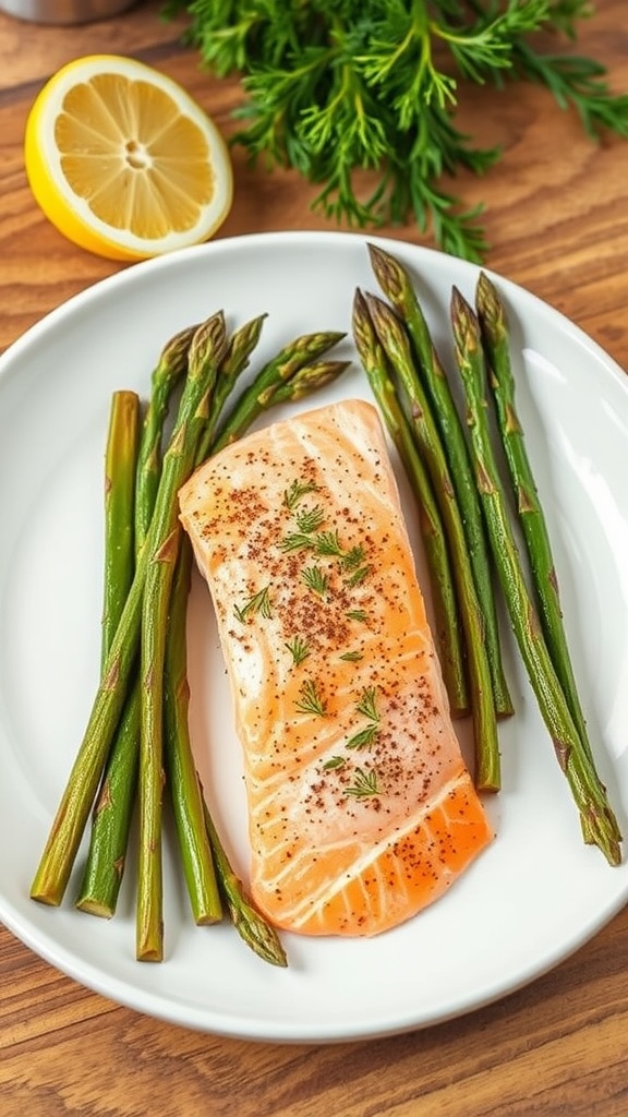 A plate of baked salmon fillet alongside asparagus spears, garnished with herbs and lemon.