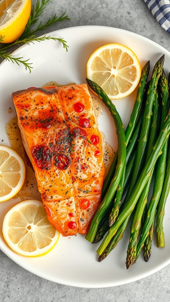 Plate of baked salmon and asparagus with lemon slices