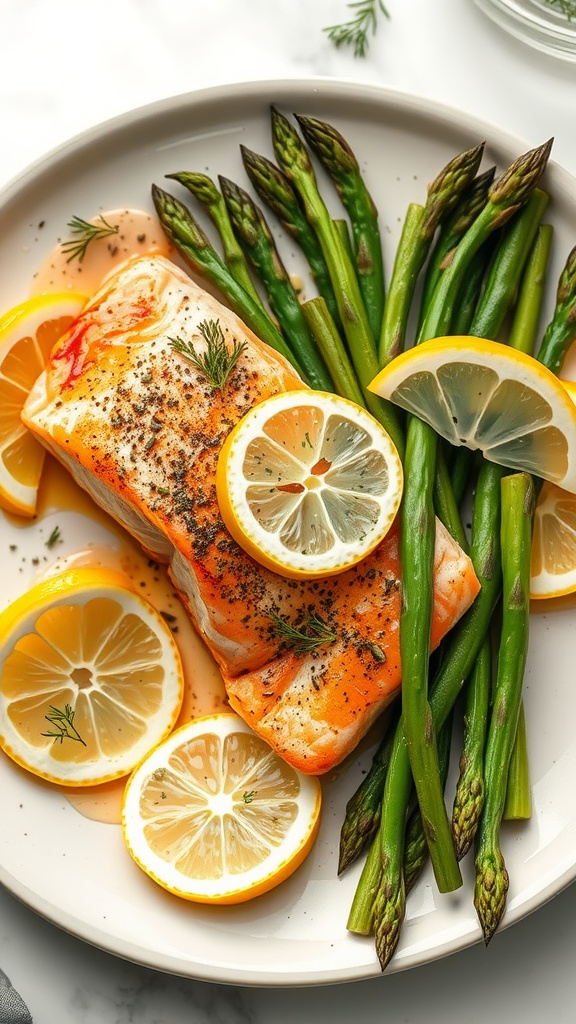 Baked salmon with asparagus and lemon slices on a plate.