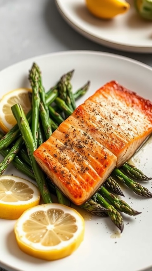 Baked salmon with asparagus served with lemon slices