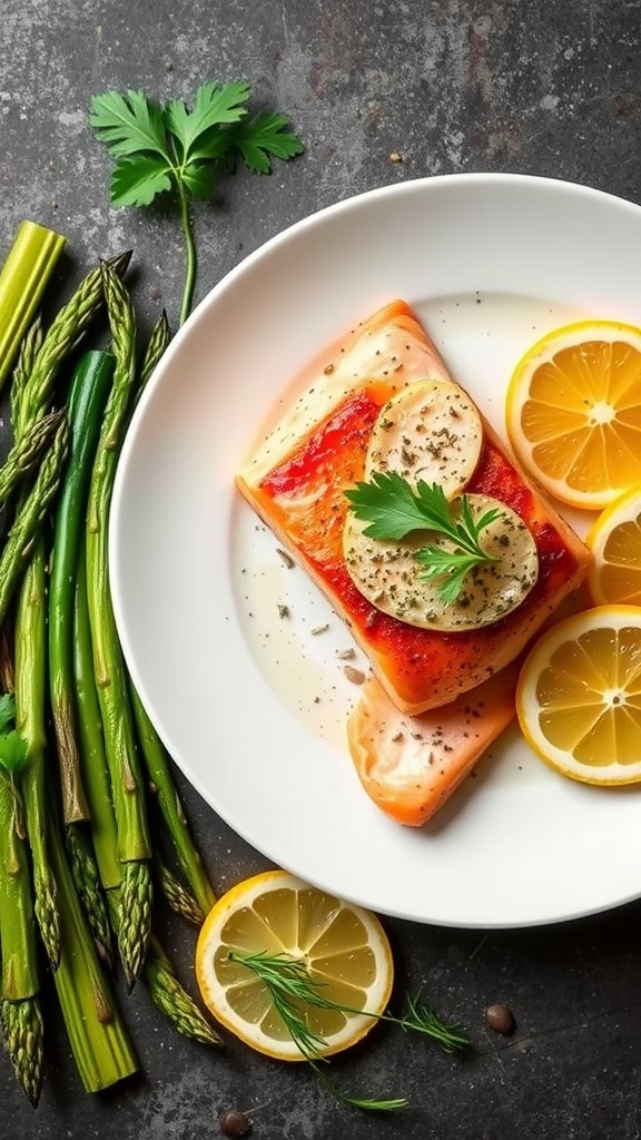 Baked salmon fillet with asparagus and lemon slices on a plate